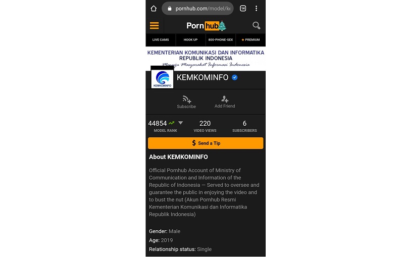 Nama Kemenkominfo muncul di situs pornhub