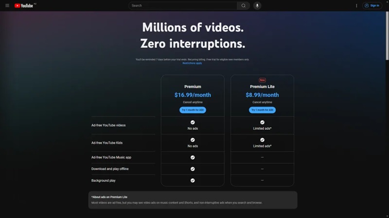 YouTube ncoba versi baru dari langganan Premium Lite